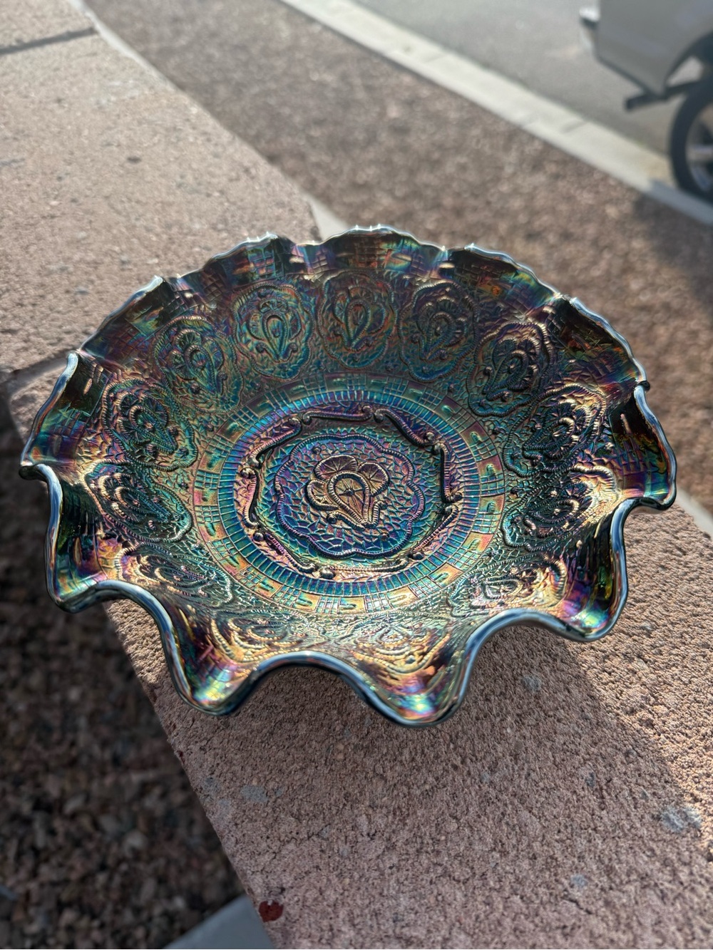 Antique Fenton Amethyst Carnival Glass Dragon & Lotus Ruffled Bowl — Early 1900s